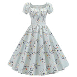 2022 Summer Dress Women Puff Sleeve Swing Vintage Dresses Robe Femme Elegant Floral Print Pin Up Party Dresses