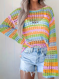 2025 New Stitched Knitted Shirt Loose-Colored Round-Necked Striped