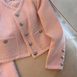 Plaid Tweed Cropped Jackets Women Sweet Pink Short Coats Vintage Korean Elegant Luxury Single Breasted Outerwear