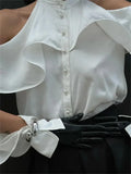 White High Neck Ruffled Cut Out Shirt- Outfit