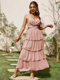 Backless layer ruffle lace up party dress women Summer sexy frills v-neck maxi dresses Spaghetti straps elegant