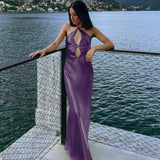 Elegant Satin Hollow Out Backless Maxi Dress For Women Gown Summer Halter Sleeveless Bodycon Long Party Dress