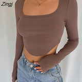 Women Ribbed Knitting Crop Tops Square Neck Autumn Wrap Tops Irregular Hem Solid Color Pullover Casual Party Streetwear