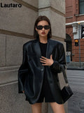 Autumn Black Brown Soft Pu Leather Blazer Women Shoulder Pads Long Sleeve Single Breasted Loose Casual Korean