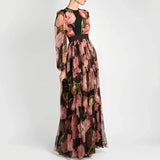 Women's O-Neck Pleated Robe Dress Casual Autumn Long Sleeve Bohemian Dresses Red Flower Print High Waist Banquet