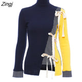 Fashion Women's Sweater Patchwork Turtleneck Bow Striped Versatile Long Sleeve Knitted Pullover Autumn 2023 New
