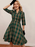 Turn-Down Collar Button Up Green Plaid Women Dresses Pin Up Vintage Robe Elegant Spring Clothes Retro 50s 60s Swing