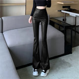 Autumn Winter Vintage Casual High Waist Trousers Streetwear PU Leather Flare Pants Women Pants Fashion Elegant Slim
