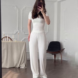 Summer New Women's Round Neck Solid Color Wide Leg Pants Commuting Leisure Suit