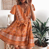 Queens Women Pink Floral Print Cross V-neck Beach Wrap Mini Dress Ladies Short Sleeve Rayon Boho Dresses