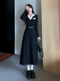 Polo Neck Long Sleeve Black Midi Dresses for Women 2023 Autumn New Fashion Slimmer Waist Casual Korean Female