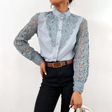 Autumn Stand Collar Hook Flower Hollow Out Shirt Ladies Long Sleeve Wild Top Women Elegant Fashion Cardigan Casual
