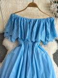 Women Sexy Slash Neck Off Shoulder Vacation Beach Dress Female Elegant Hollow Out Short Sleeve A-Line Mini Robe 2023