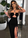 Halter Hollow Out Drawstring Long Dress Women Fashion Sleeveless Backless High Split Elegant Ruched Dress