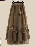 Winter Two Piece Set For Women Outfit Korean Bow Bandage Knitted Pullover Sweaters+ Flower Mesh Patchwork Skirts Sets