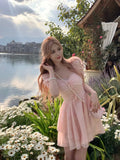 Summer Chiffion Sweet Fairy Mini Dress For Women Kawaii Evening Party Birthday Prom Midi Dress Korean Fashion