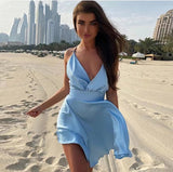 Satin Sexy Backless Sleeveless Party Mini Dresses Women Elegant V-Neck Bodycon Dress Spaghetti Straps Solid Slim