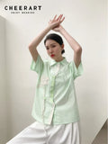 Mint Green Short Sleeve Shirts For Women 2022 Designer Summer Top And Blouse Button Up Collared Shirt High