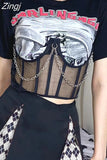 Streetwear Punk Style Patchwork Print Black T-shirt Women Cropped Corset Top Transparent Summer T-shirts Gothic