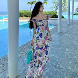 Print Floral Long Dresses for Women 2023 French Vintage Sleeveless Ruffle Slim Female Clothes Elegant Party Holiday