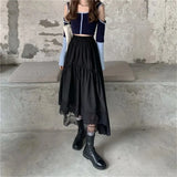 Gothic Lace Stitching Irregular Pleated Skirt Women White Vintage High Waist Long Skirt Korean Solid Hip Hop