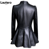 Autumn Black Slim Soft Pu Leather Jacket Women Deep V Neck Long Puff Sleeve Elegant Luxury Skirted Blazer Fashion