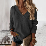 New Sweater Women's Autumn And Winter Solid Color V-Neck Long-Sleeved Knitted