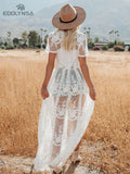 Sexy See Through White Lace Tunic Plus Size Women Beachwear Long Kimono Cardigan Front Open Maxi Dress