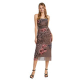 Women Vintage Sling Dress Spaghetti Straps Pleated Flower Print Lace Tulle Patchwork Summer Evening Party Midi