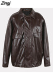 Spring Autumn Cool Retro Casual Oversized Black Waterproof Soft Faux Leather Jackets for Women Zipper Elastic Waist