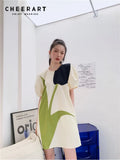 Tulip Lantern Sleeve Patchwork Dresses For Women 2022 Summer Colorblock Short Sleeve Designer Mini Dress