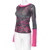 Women's Summer Y2K Vintage Sheer See-through Slim Tops Long Sleeve Round Neck Pattern Print Mesh Patchwork