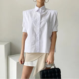 Designer White Button Up Collared Shirt For Women Short Sleeve Korean Fashion Ladies Top And Blouses Summer