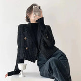 Vintage Black Blazers Women Elegant Short Jacket Korean Autumn Winter Tweed Cropped Suit Coat Tops Retro Casual