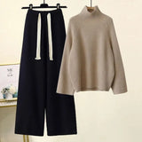 Winter Warm Knitted Suit Women Long Sleeve Half Turtleneck Knitting Sweater And Wide Leg Pants Sets Outer Wear Loose