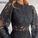 Women Elegant Solid Lace Hollow Out Lantern Sleeves Ruffle Hem Mini A-line Black