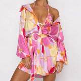 Women Satin Shirt Dress with Sashes Oversized Long Sleeve V Neck Mini Dresses Bohemian Beach Style Autumn Spring