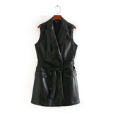 Elegant Dresses For Women Faux Leather Lace Up Button SleevelessMini Dress Office Ladies Pu Winter Clother Women Slim