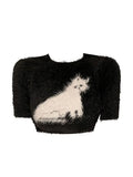 Women O-Neck Knitted Sweater Female Casual Streetwear Harajuku Clothing Short Sleeve Kawaii Print Crop Top Pullovers 2023
