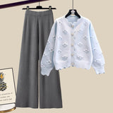 Winter Knit Sets Womens Outfits Korean Sweet Floral Knitted Cardigan And Wide Leg Pants Sets Ladies Elegant Knitting