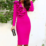 Women Solid Elegant Long Sleeves Cascading Ruffle Decoration V Neck Midi Bodycon Sexy Party Formal