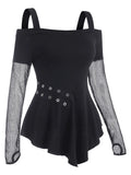 Panel Cold Shoulder Grommet T Shirt With Thumb Hole Long Sleeved Square Neckl Tops Ladies Solid Color T-Shirt