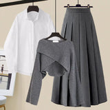 3 Piece Set For Women Outfit Office Ladies Elegant Irregular Knitted Tops+white Blouse+high Waist Pleated Skirt Sets