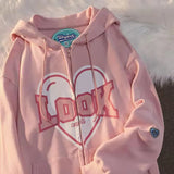Women Letter Graphic Kawaii Harajuku Hoodies Pink Punk Emo Alt Sweatshirt Zip Up Aesthetic Indie Y2k Korean Fashion