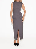 Neck Sleeveless Split Maxi Dresses Women Solid Color Fake Pocket Slim Fit Robes 2024 New Elegant Office Lady