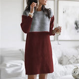 Autumn Winter Round Neck Vintage Patchwork Knitting Dress Women Loose Casual Straight Dresses Robe Femme Vestidos De
