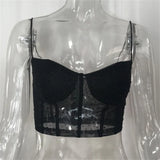 see through black Rhinestone tank top corset crop top women summer party y2k mesh halter top clubwear cute womens tube