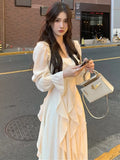 Autumn New Elegant Casual Long Sleeve Midi Dress Women Party Fashion Lady One Piece Robe Kawaii