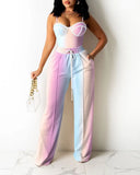 Pre-fall Women Colorblock Zipper Back Cami Top & Wide Legs Contrast Pipping Pants Set Summer Two Piece Suits