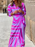 Summer Fashion Print Dress Blouse Neck Tie Mid Length Striped Skirt Casual Comfortable Street Women's Wear Dresses